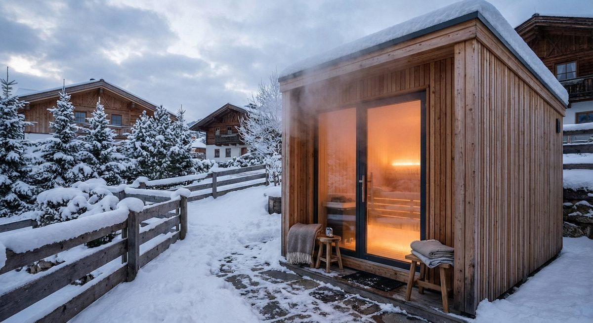 Saunacontainer im verschneiten Garten