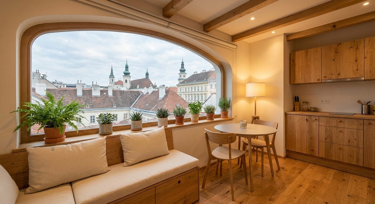 Gemütliches Tiny House Interieur mit Blick auf Wien